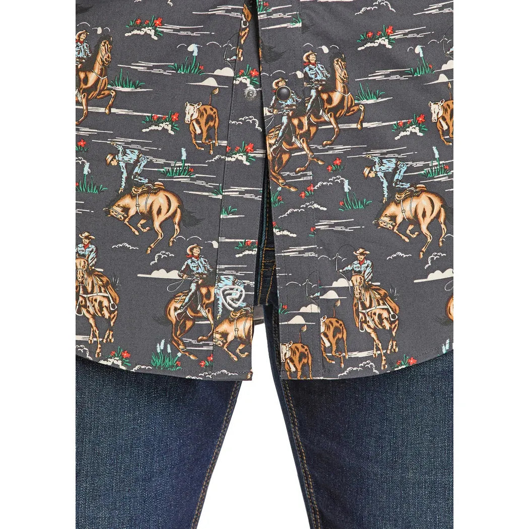 Rock & Roll Men's Wild West Cowboy Novelty Printed Long Sleeve Snap Shirt - Charcoal