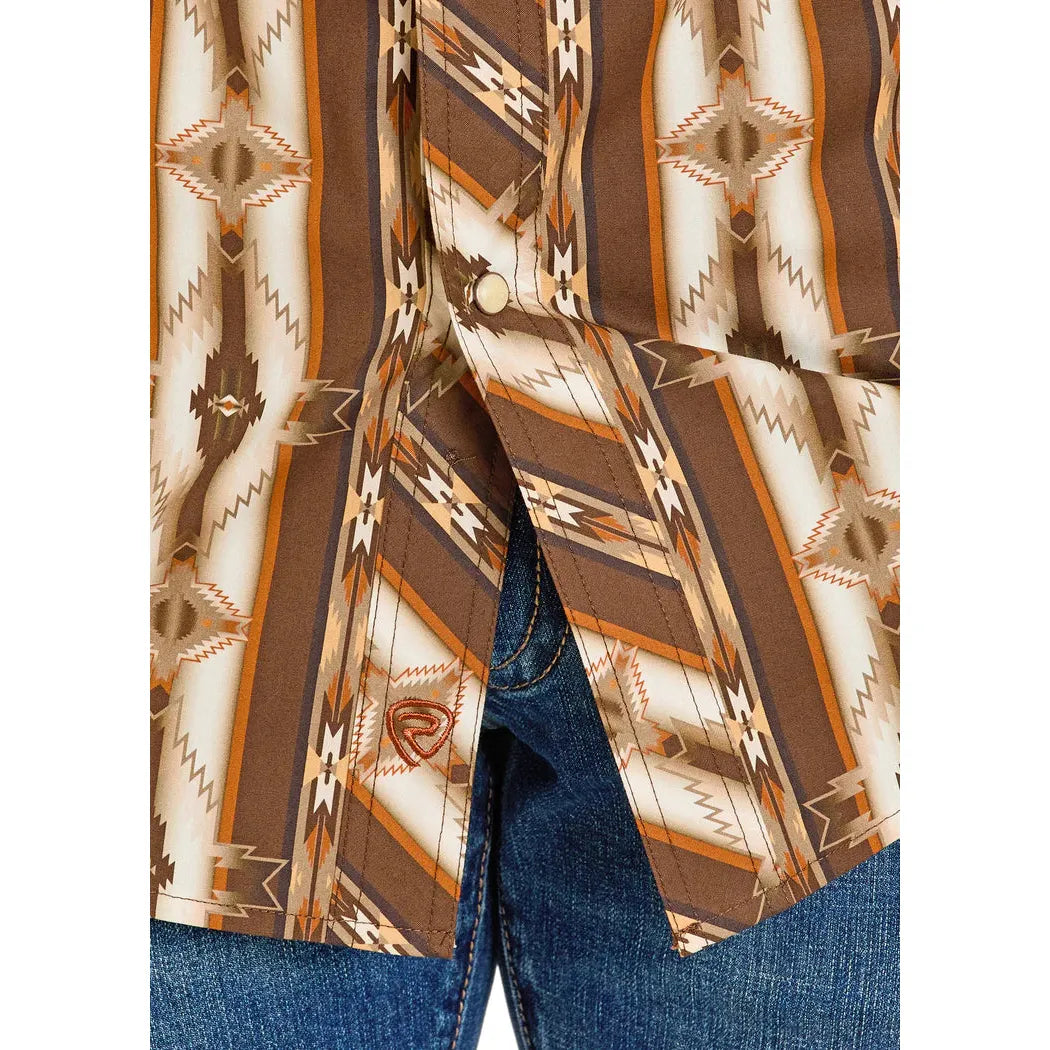 Rock & Roll Men's Dusty Heritage Aztec Printed Long Sleeve Snap Shirt - Dark Brown