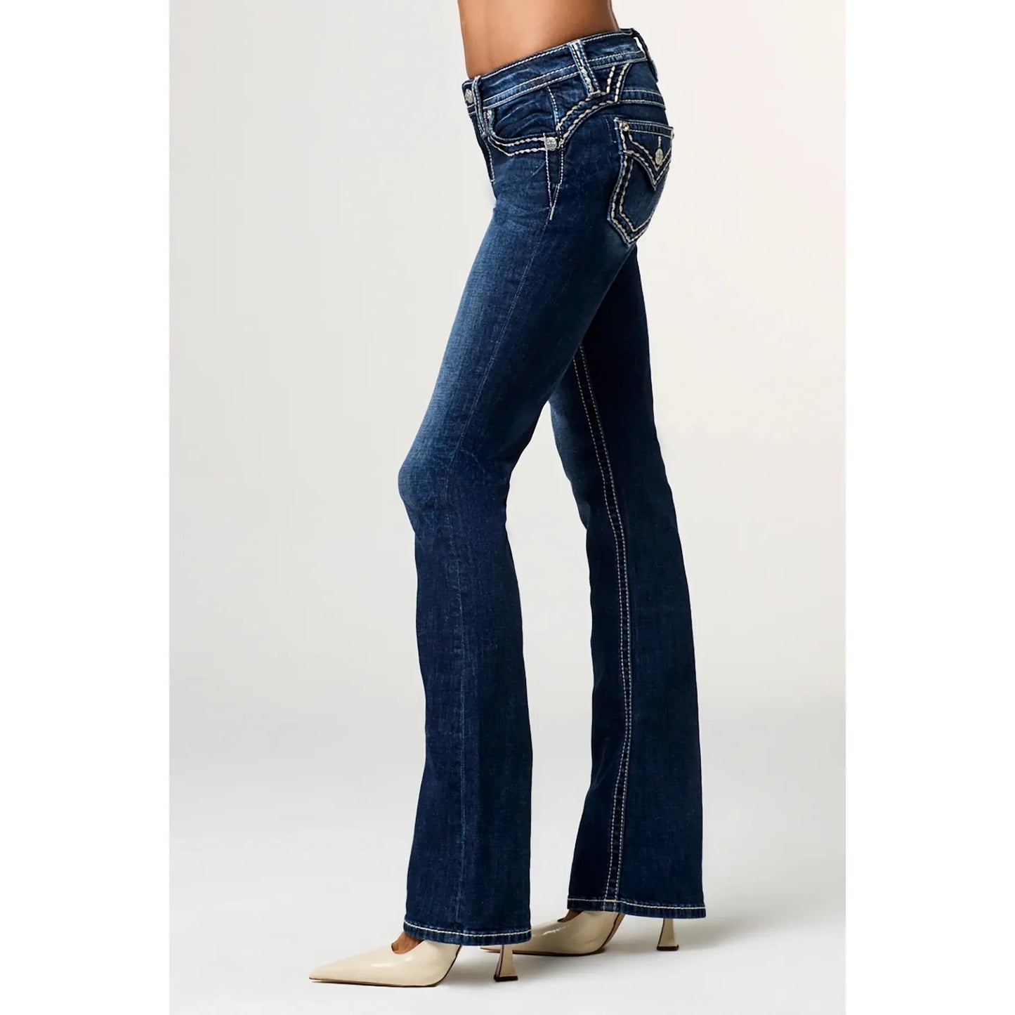 Miss Me Women's Mid Rise Raleigh Stitched Boot Cut Jeans- Dark Wash