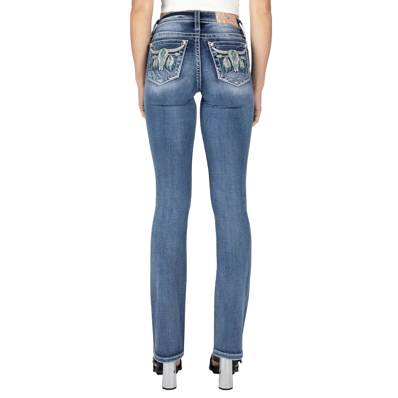 Miss Me Turquoise Aztec Longhorn Mid Rise Bootcut Jeans Medium Wash