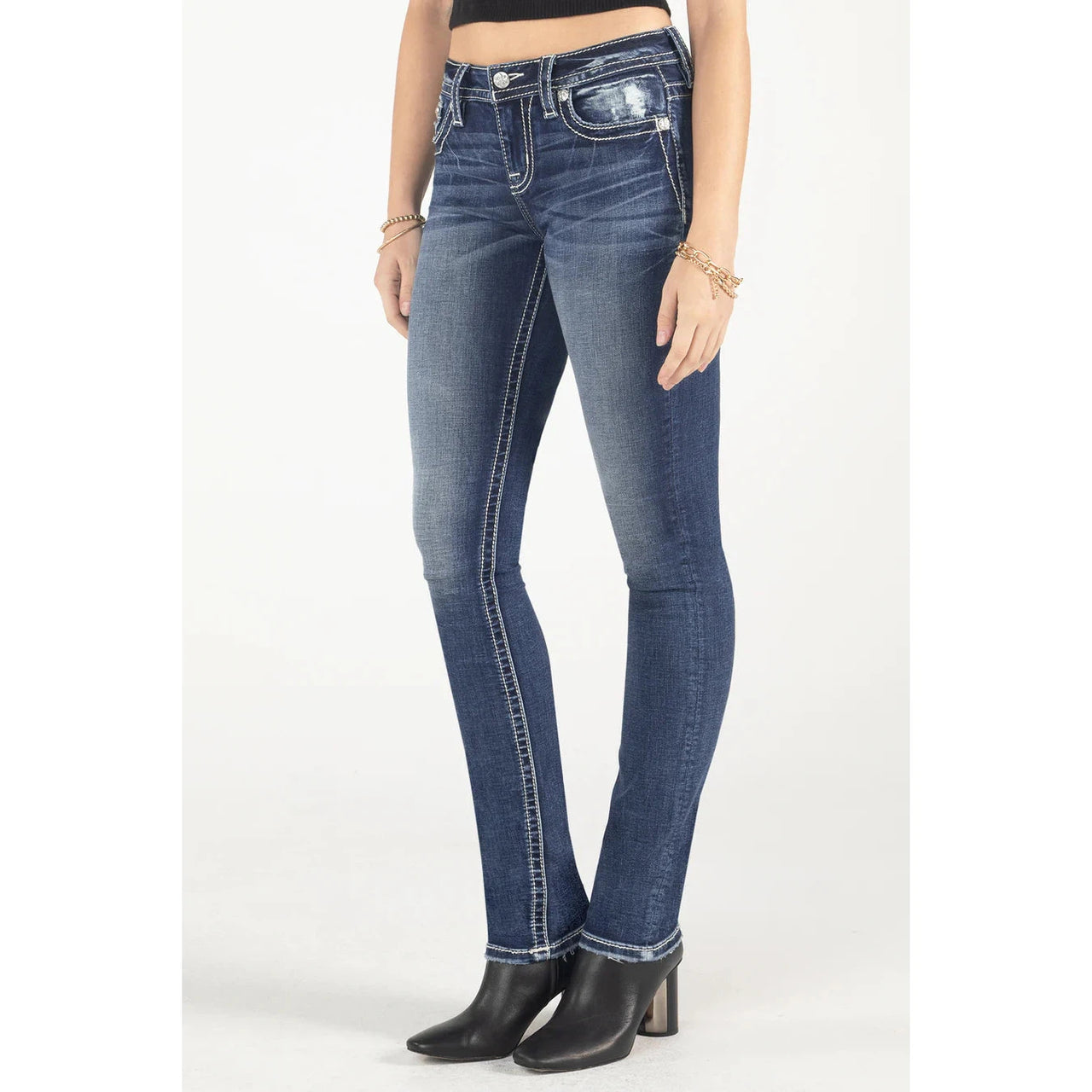 Miss Me Women's Aztec Dreamcatcher Horseshoe Mid Rise Straight Jeans - Medium Dark Wash