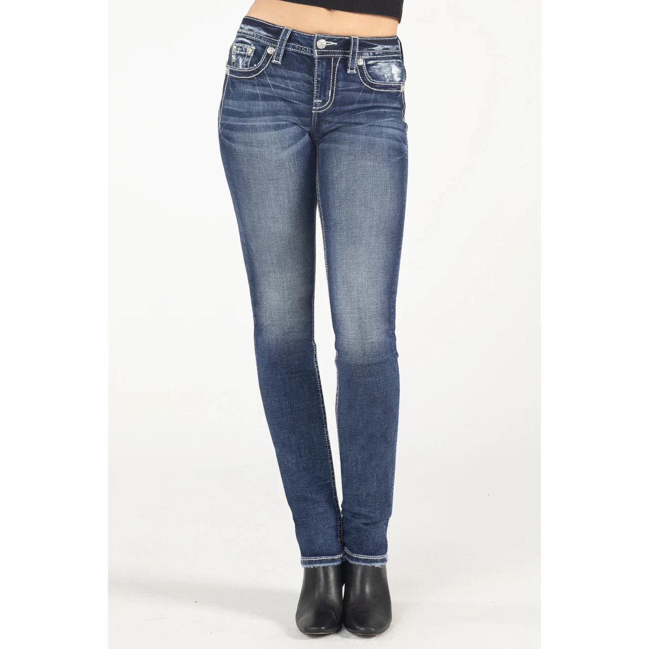 Miss Me Women's Aztec Dreamcatcher Horseshoe Mid Rise Straight Jeans - Medium Dark Wash