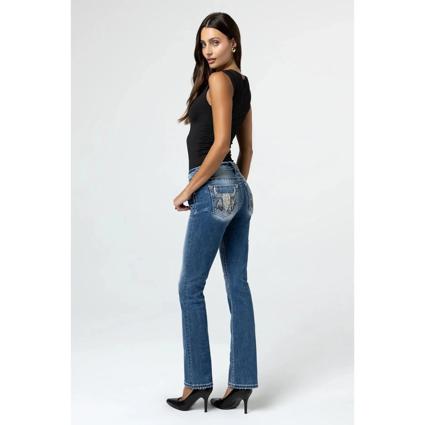 Miss Me Women's Mid Rise Seraphina Boot Cut Jeans- Medium Wash