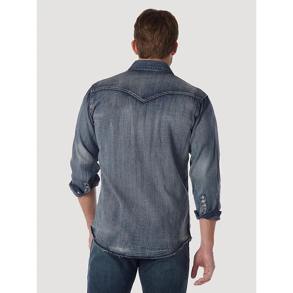 Wrangler Men's Cowboy Cut Long Sleeve Western Denim Snap Work Shirt - Antique Blue