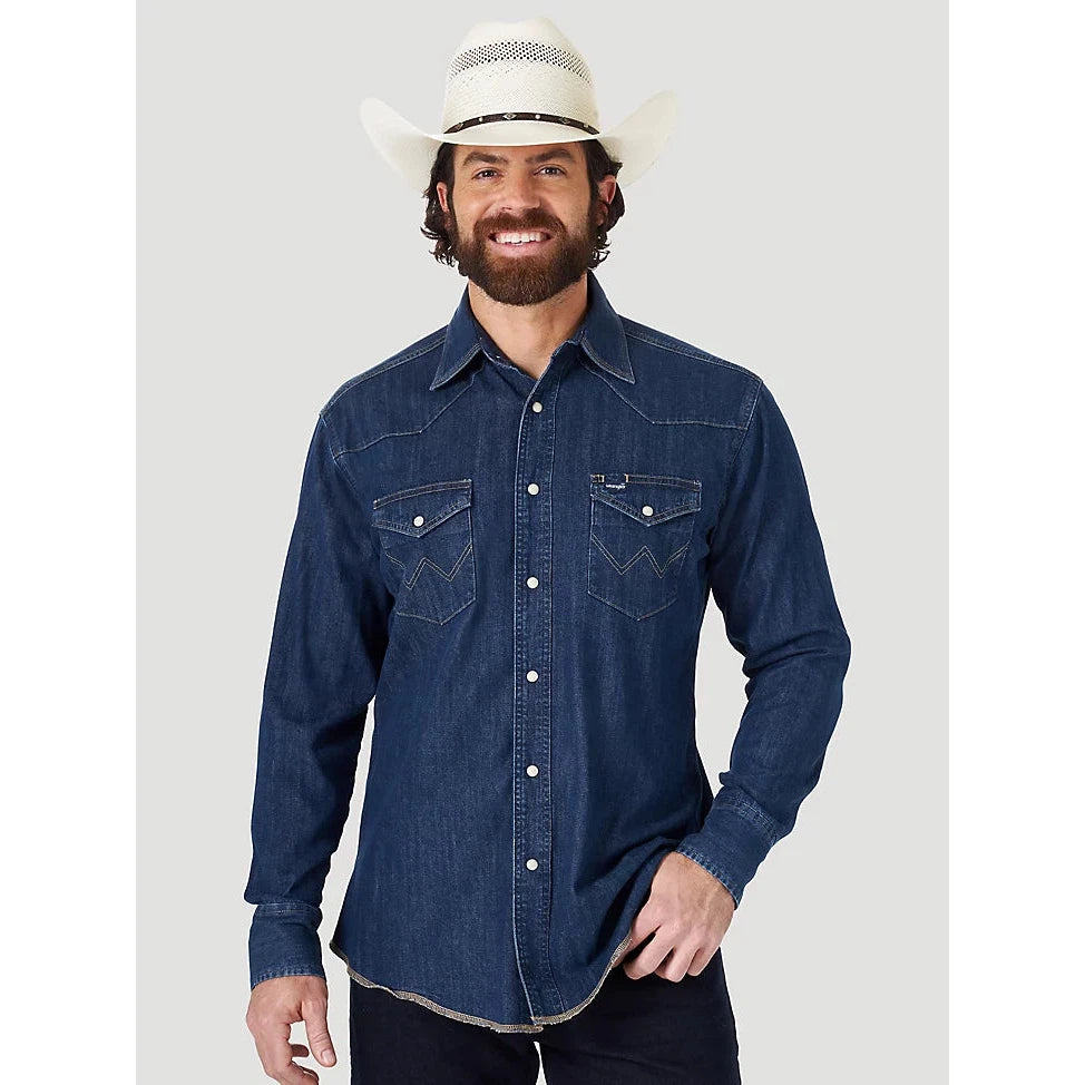 Wrangler Men's Cowboy Cut Long Sleeve Western Denim Snap Work Shirt - Dark Denim