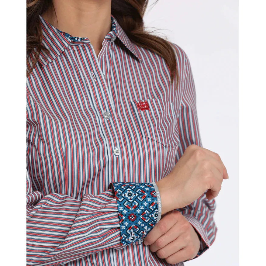 Cinch Women's Long Sleeve Stripe Shirt- White