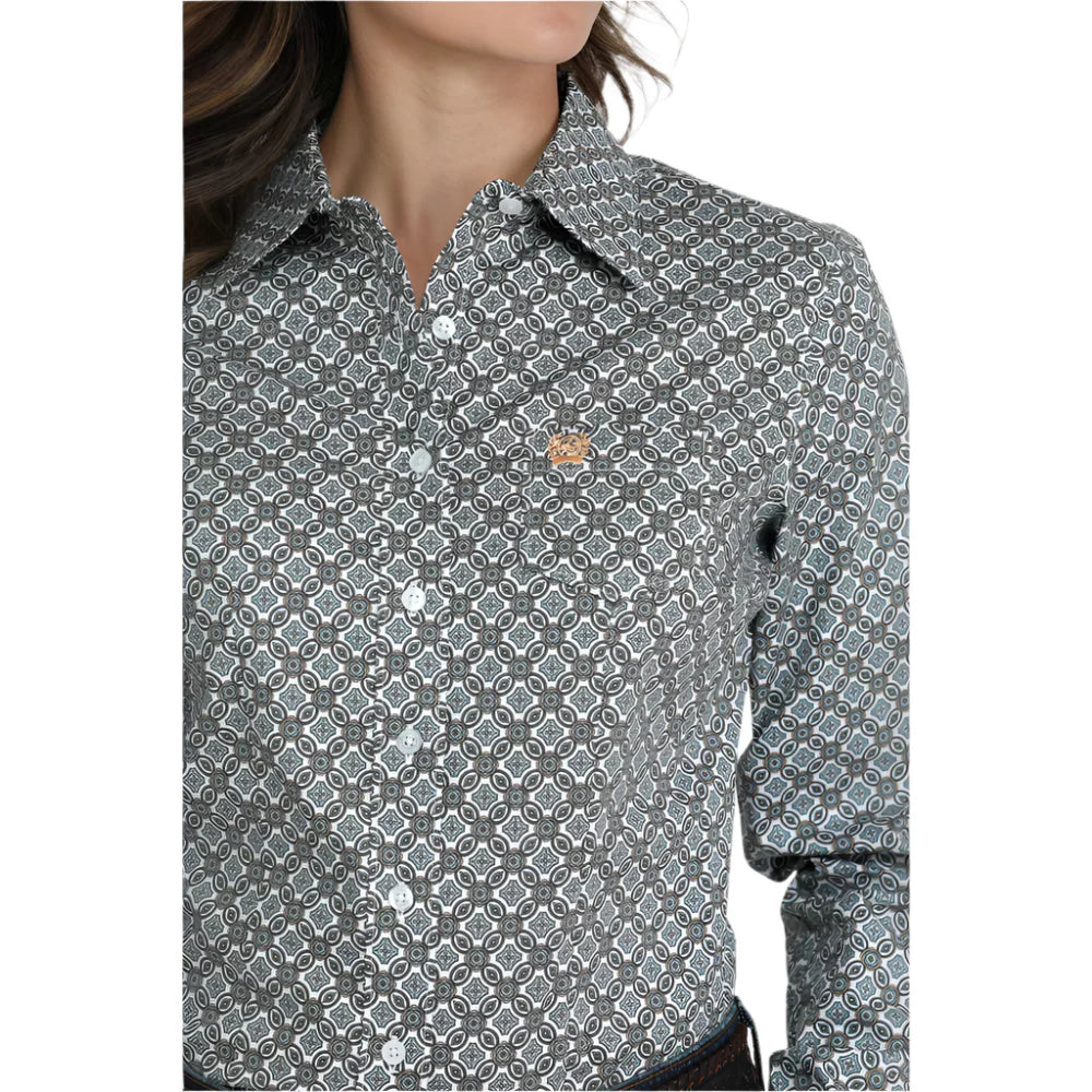 Cinch Women's Button Up Western Print Long Sleeve Shirt - White