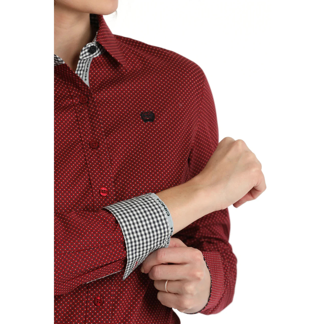 Cinch Women's Long Sleeve  Polka Dot Western Shirt- Red