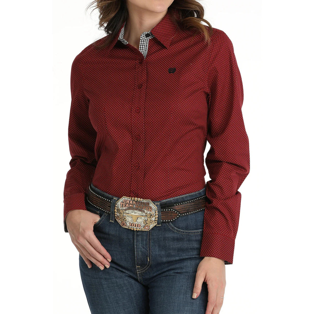 Cinch Women's Long Sleeve  Polka Dot Western Shirt- Red