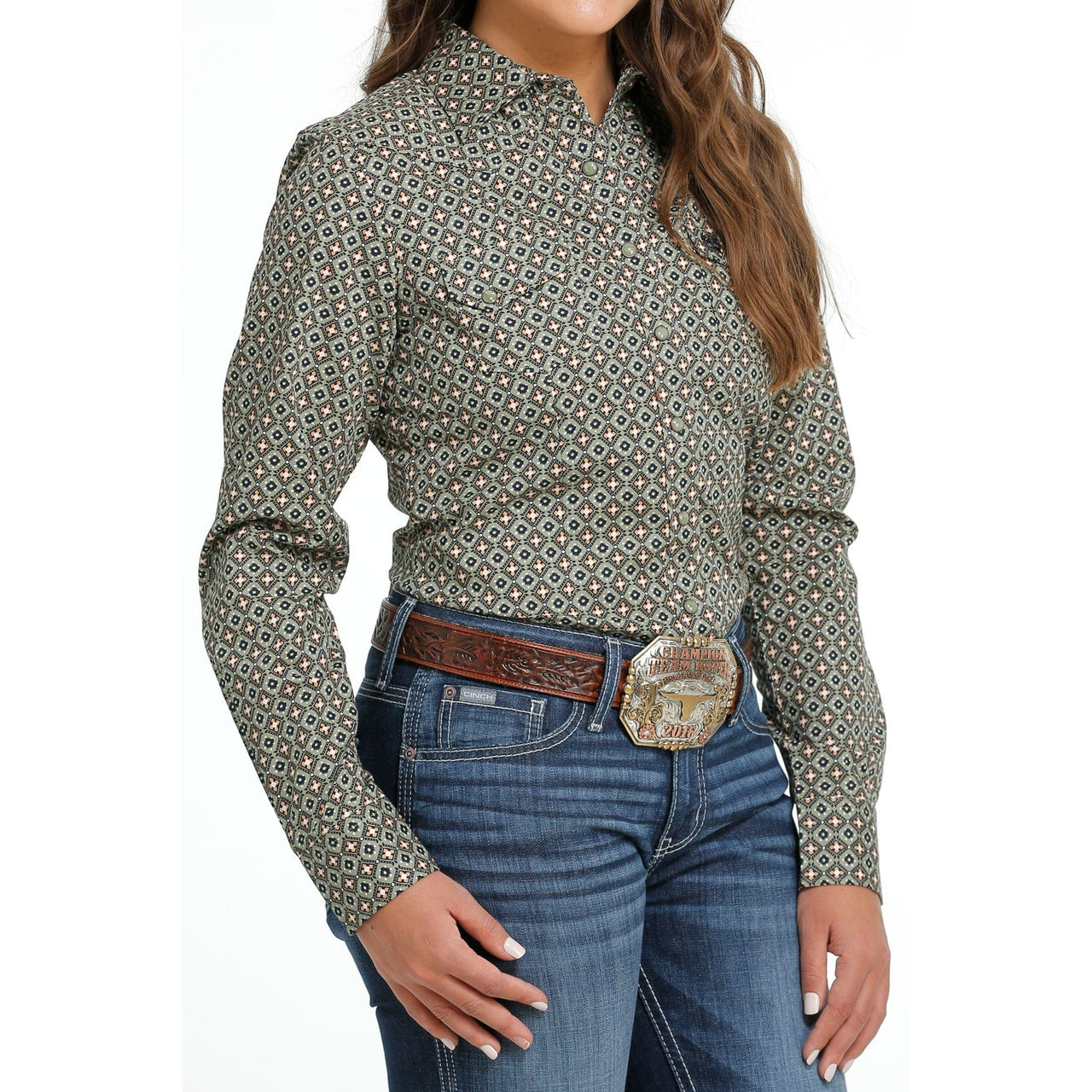 Cinch Women's Long Sleeve Printed Snap Western Shirt - Olive