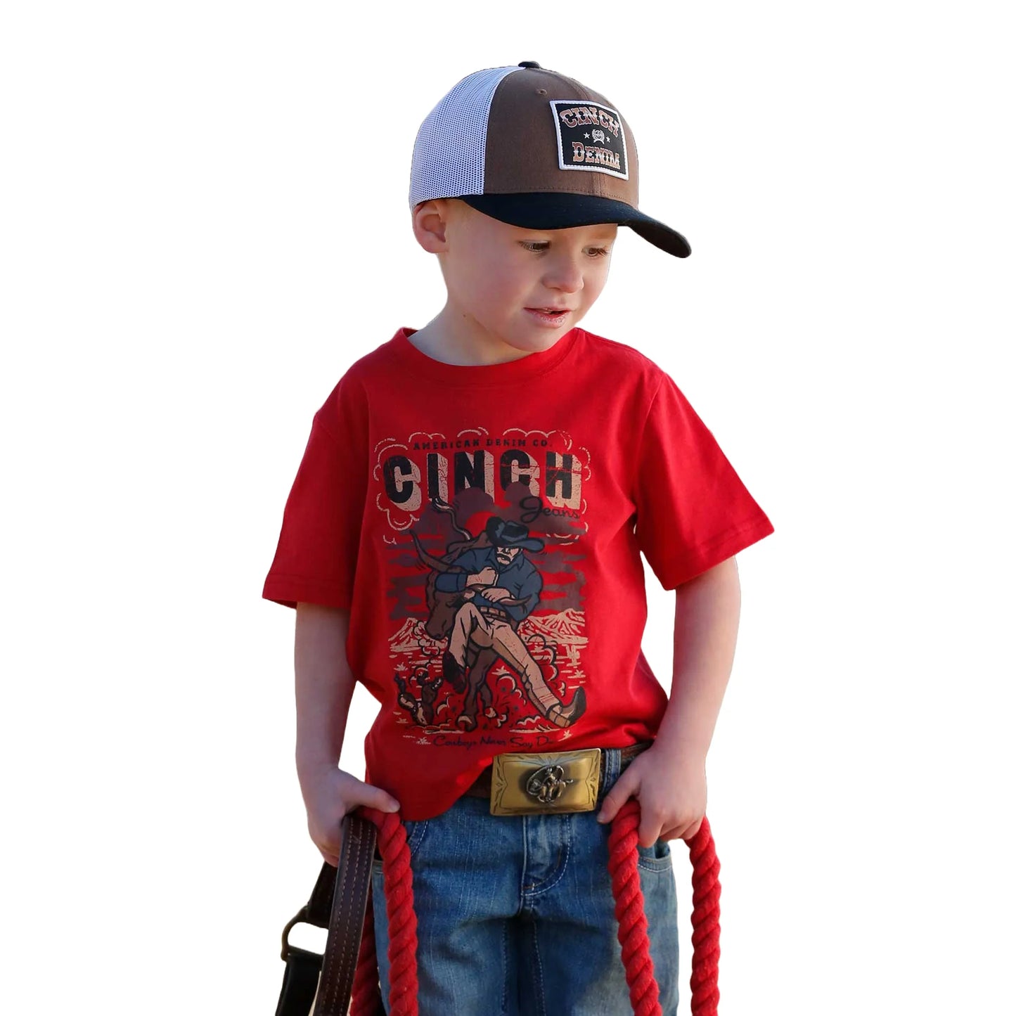 Cinch Boy's Short Sleeve Cowboy and Steer Graphic Printed Tee Shirt - Red