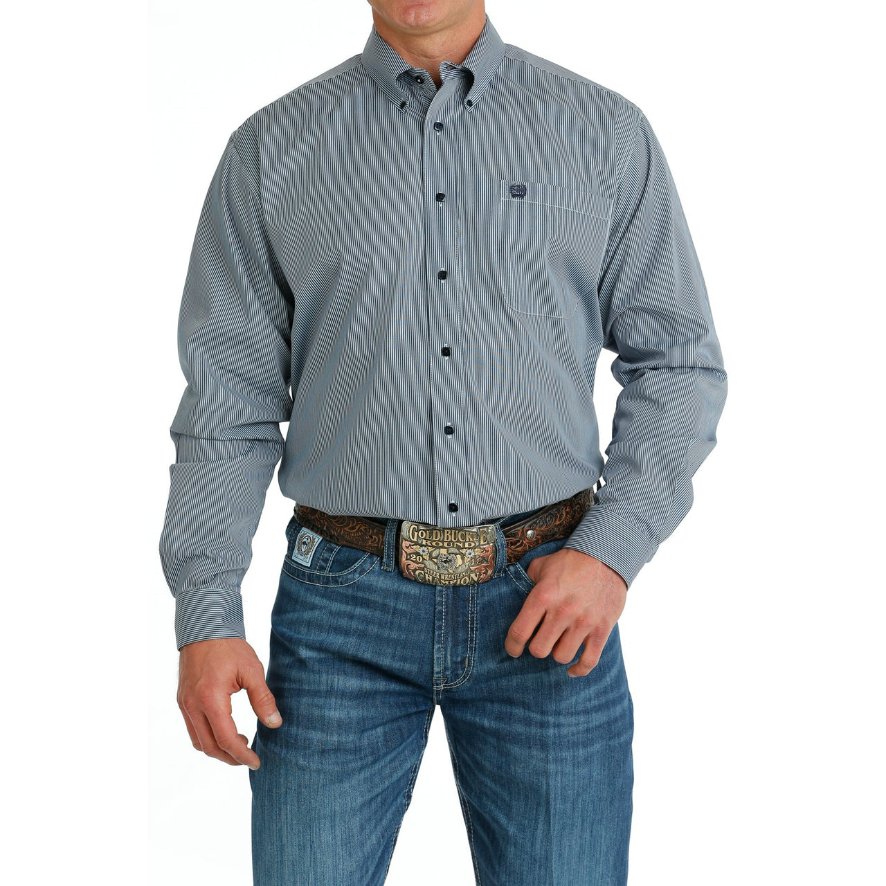 Cinch Men's Long Sleeve Stripe Button Down Shirt - Light Blue