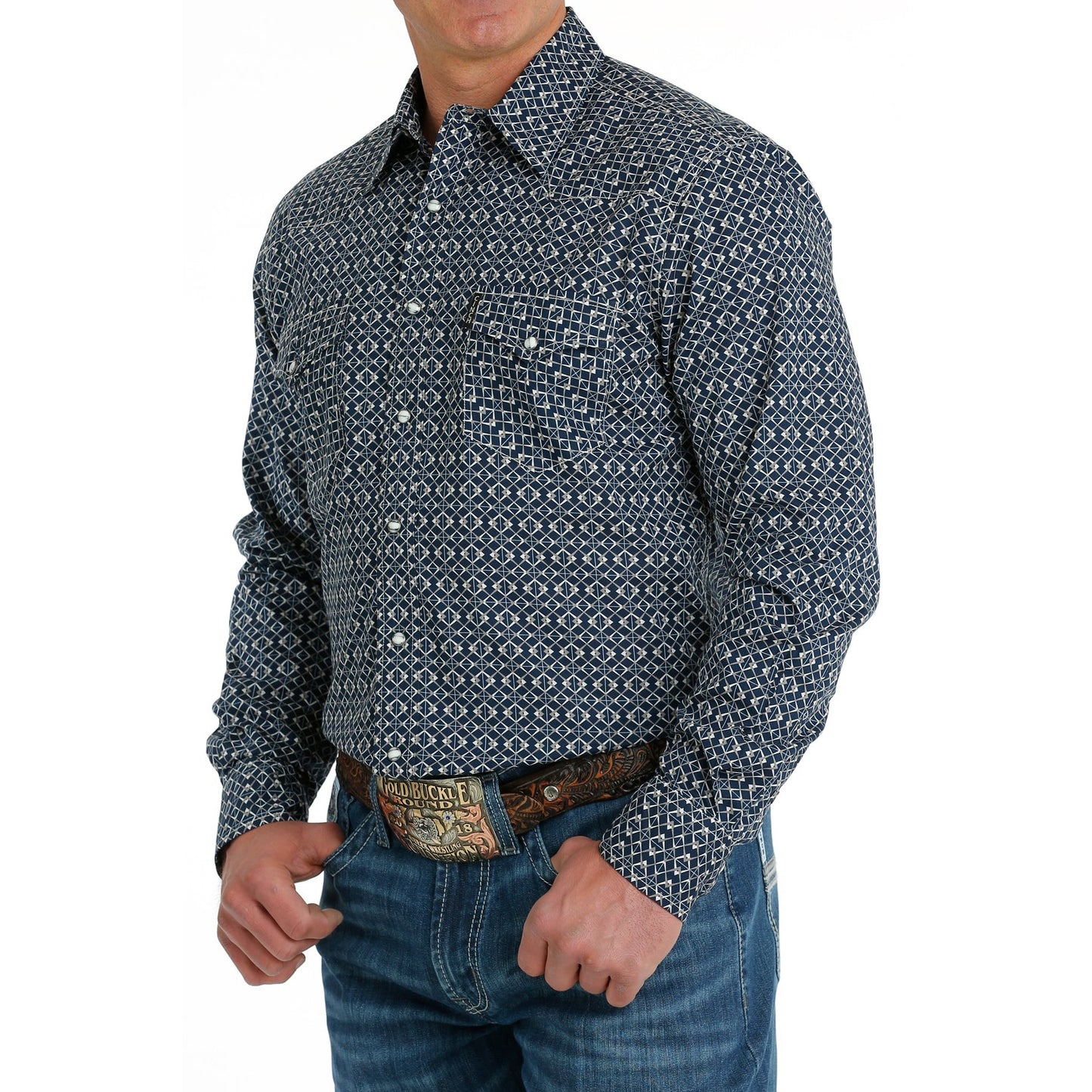 Cinch Men's Long Sleeve Modern Fit Geometric Print Snap Shirt - Navy
