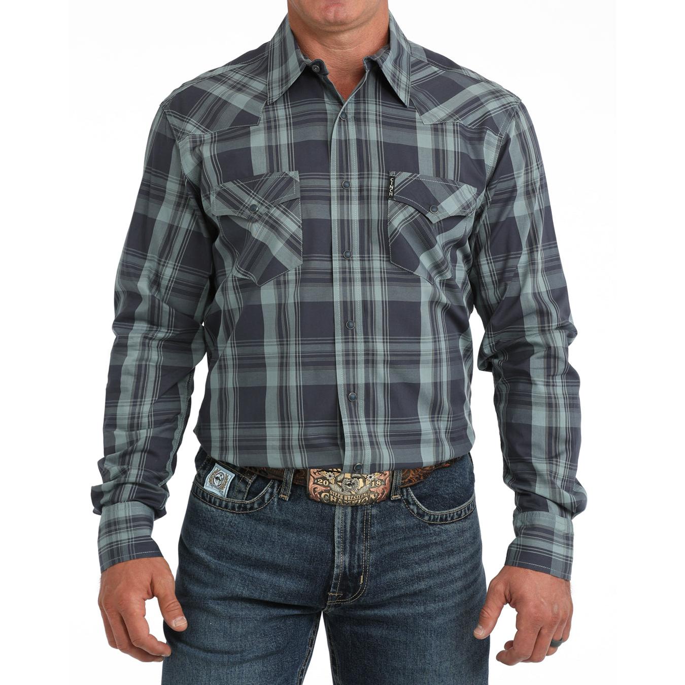 Cinch Men's Modern Fit Long Sleeve Plaid Western Shirt - Blue