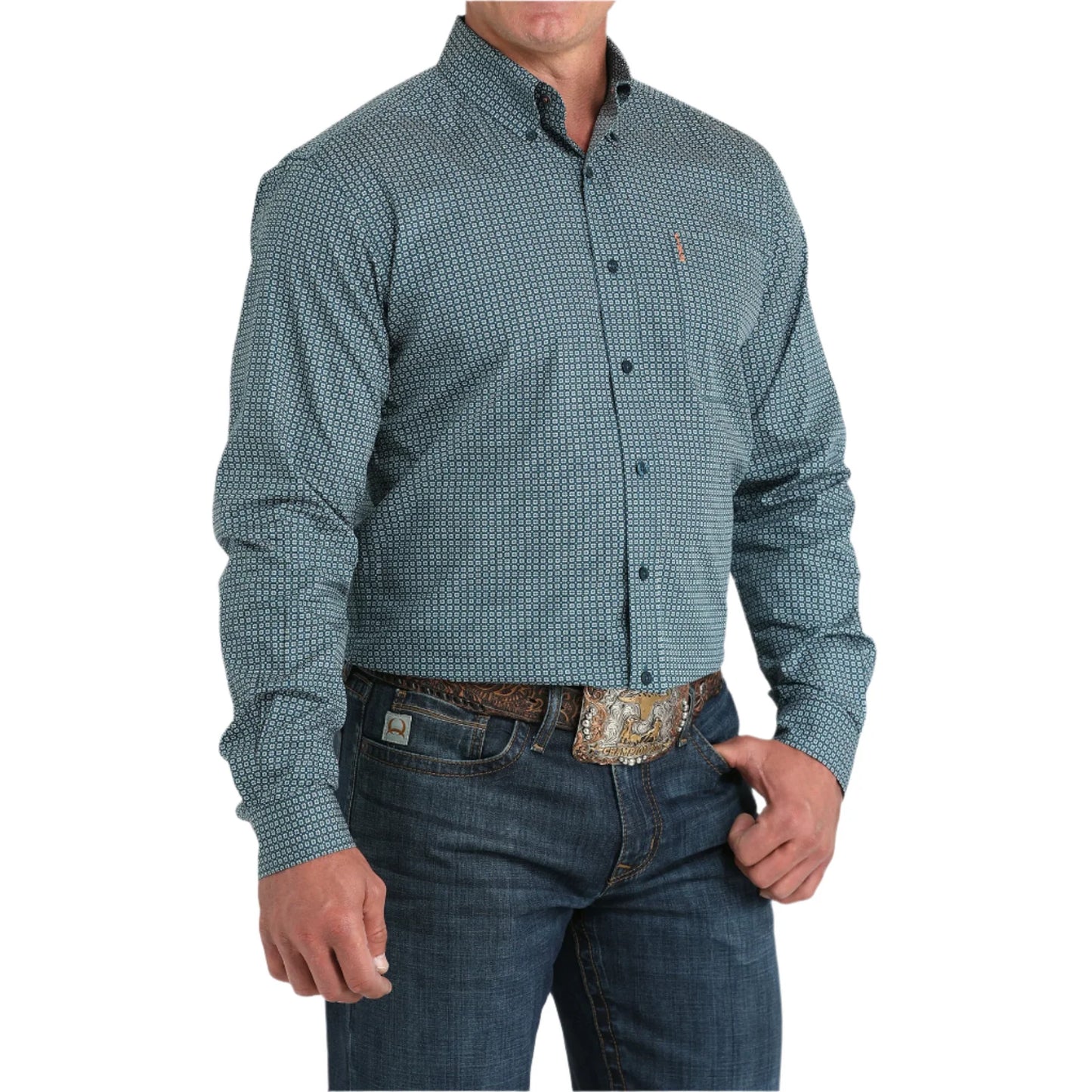 Cinch Men's Long Sleeve Button Down Geo Print Shirt - Teal