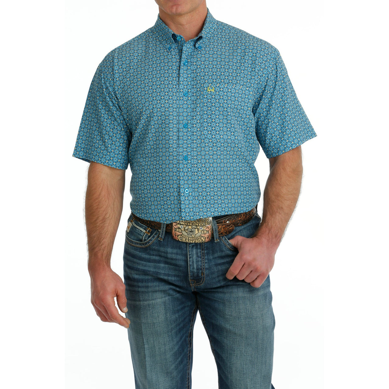 Cinch Men's Arenaflex Geometric Print Button-Down T-Shirt - Blue
