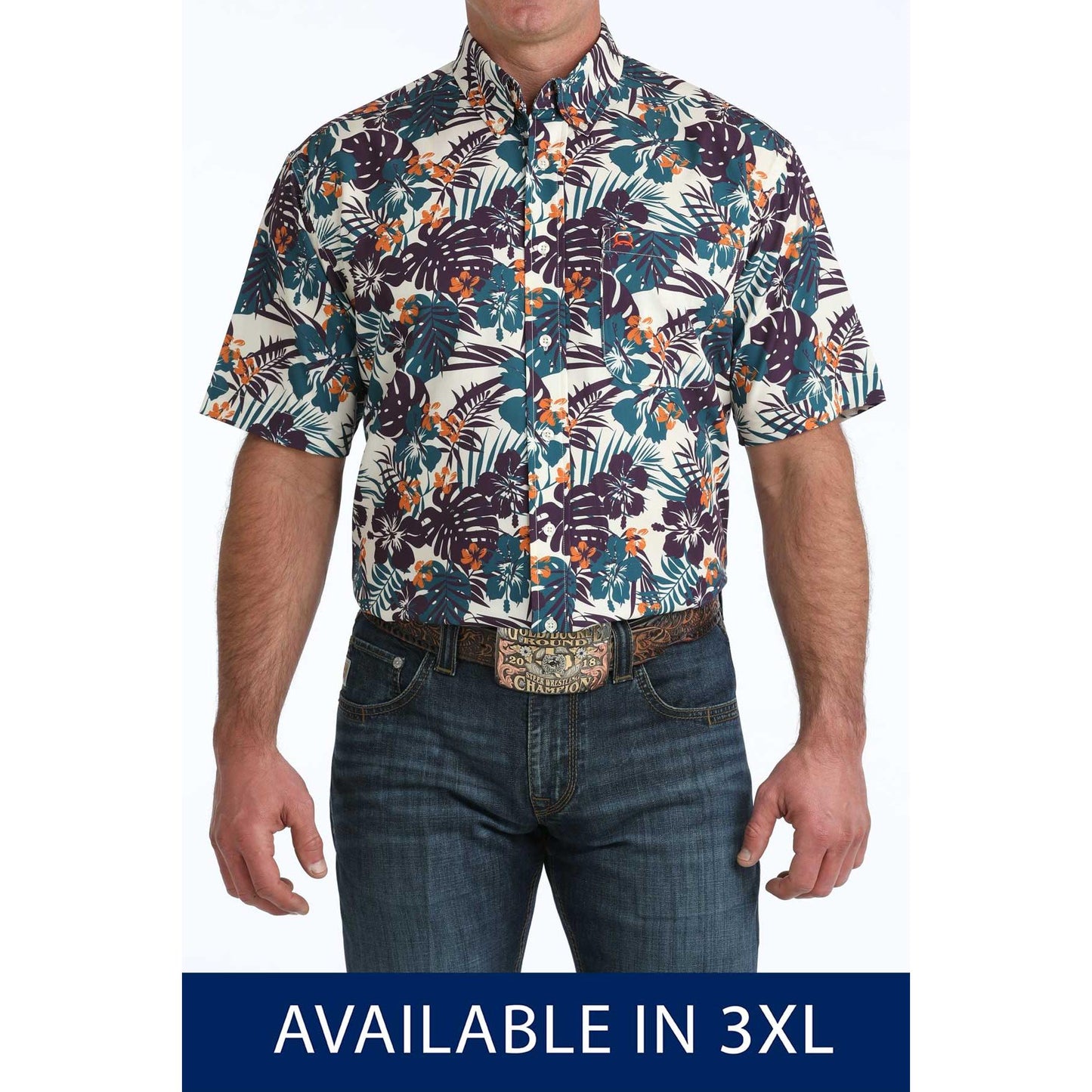 Cinch Men's Arenaflex Print Button Down Short Sleeve Shirt - Cream/Multicolour