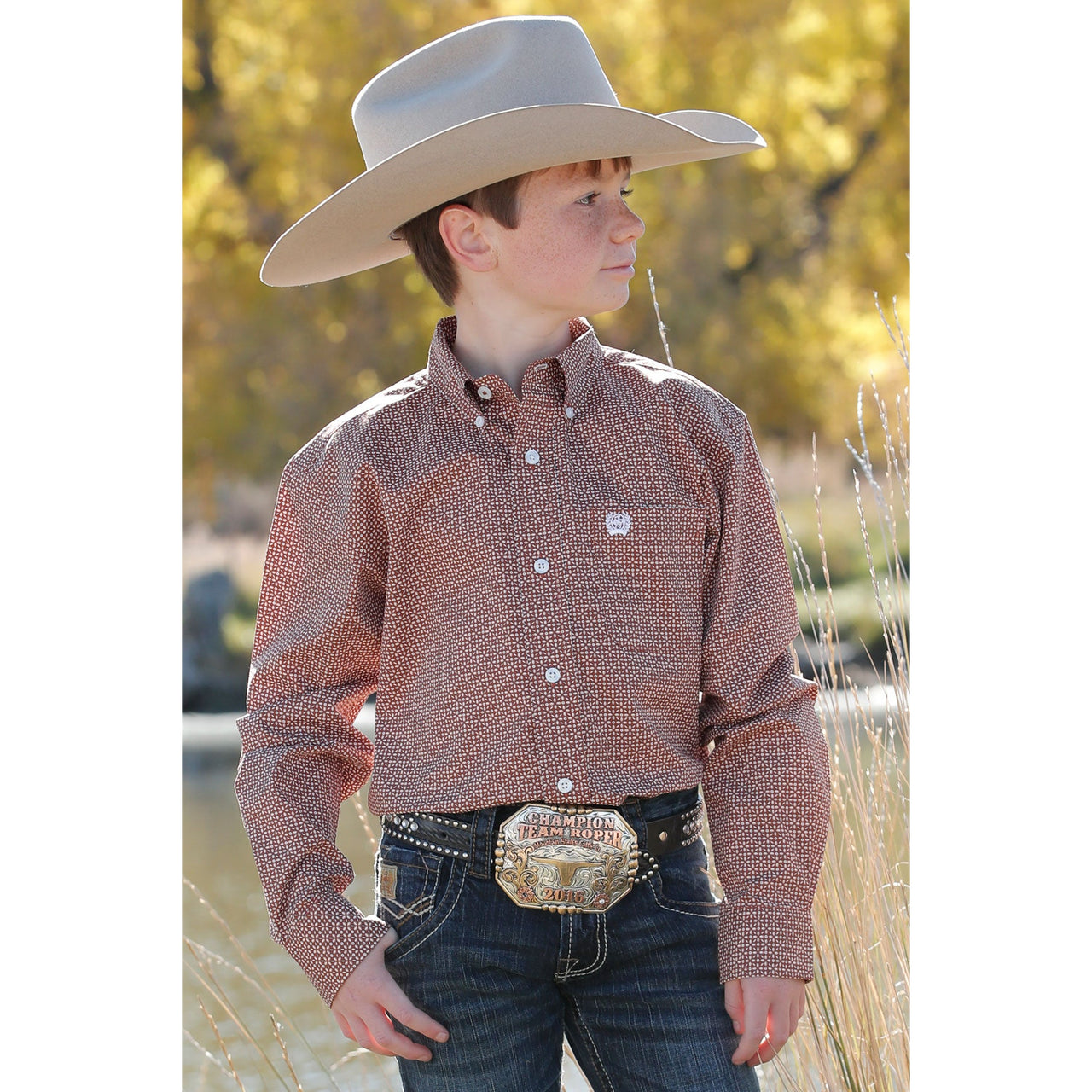 Cinch Kid's Plaid Long Sleeve Buttondown Shirt - Brown