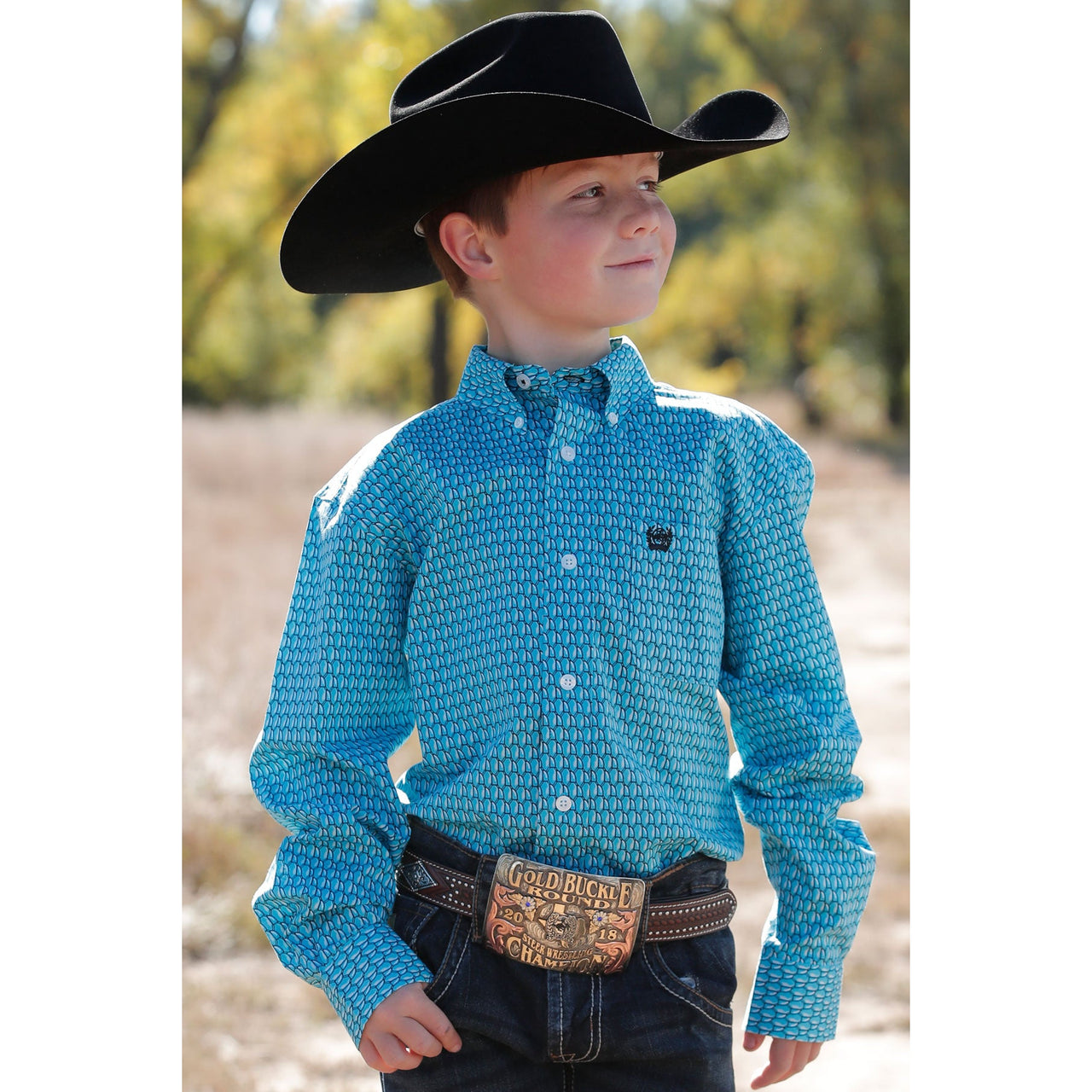 Cinch Boy's Long Sleeve Buttondown Shirt - Turquoise Print