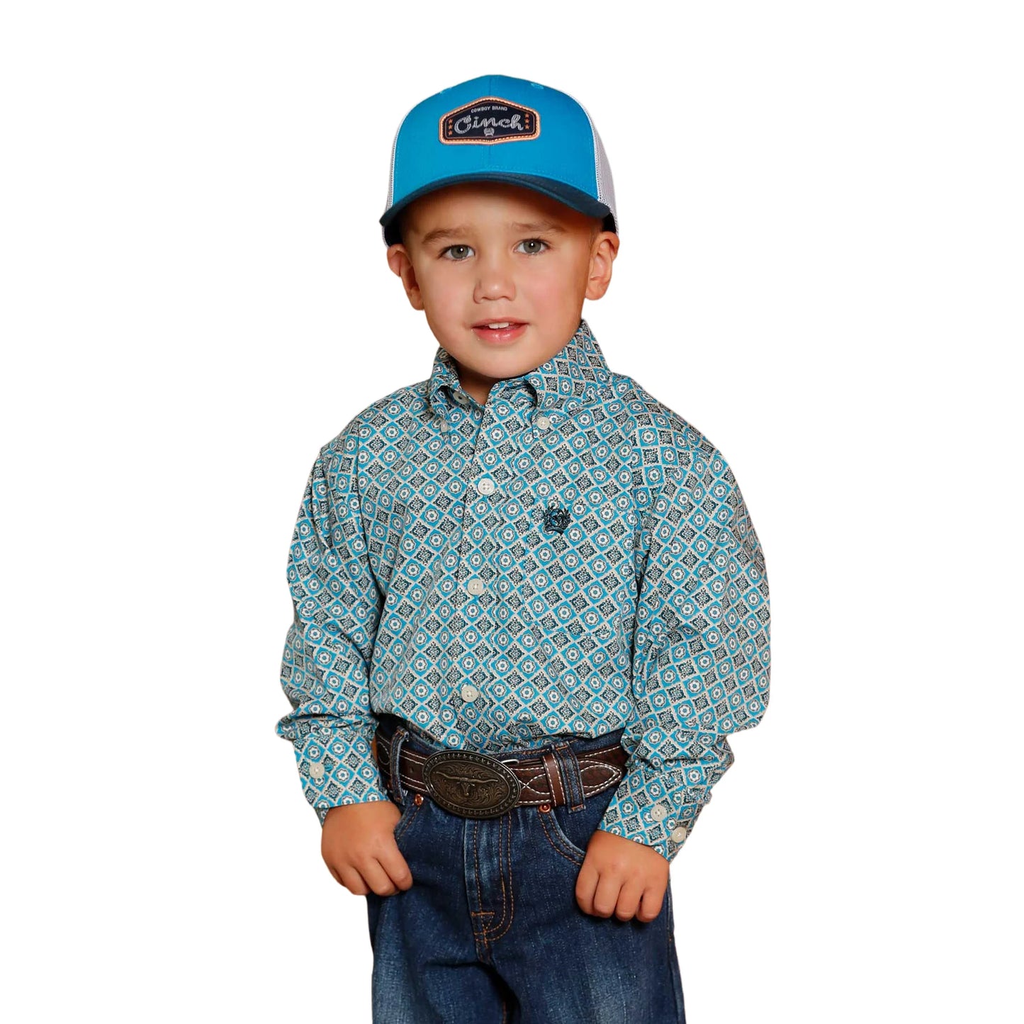 Cinch Infant Boy's Diamond Print Long Sleeve Shirt - Blue