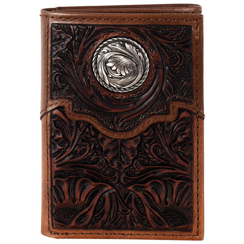 Justin Men's Floral Tooling w/Yoke & Round Concho Leather Trifold Wallet