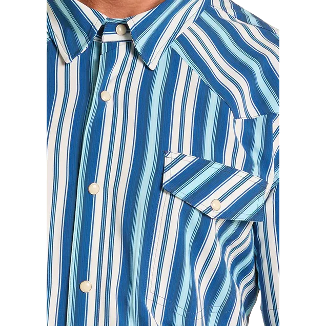 Panhandle Slim Men's Short Sleeve 2 Pocket Performance Snap Stripe Shirt - Blue