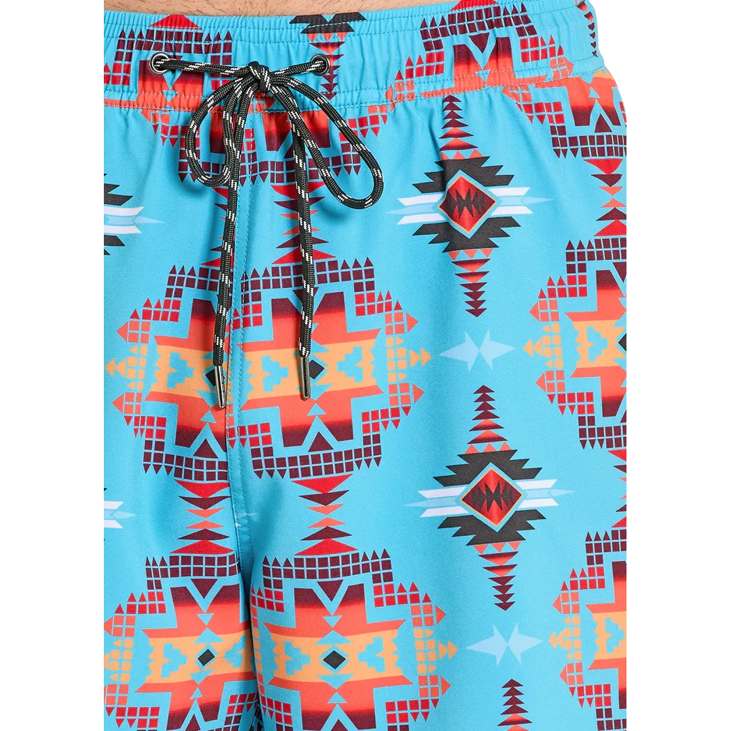 Rock & Roll Men's Aztec Print w/Lining Swim Volley Trunks - Turquoise