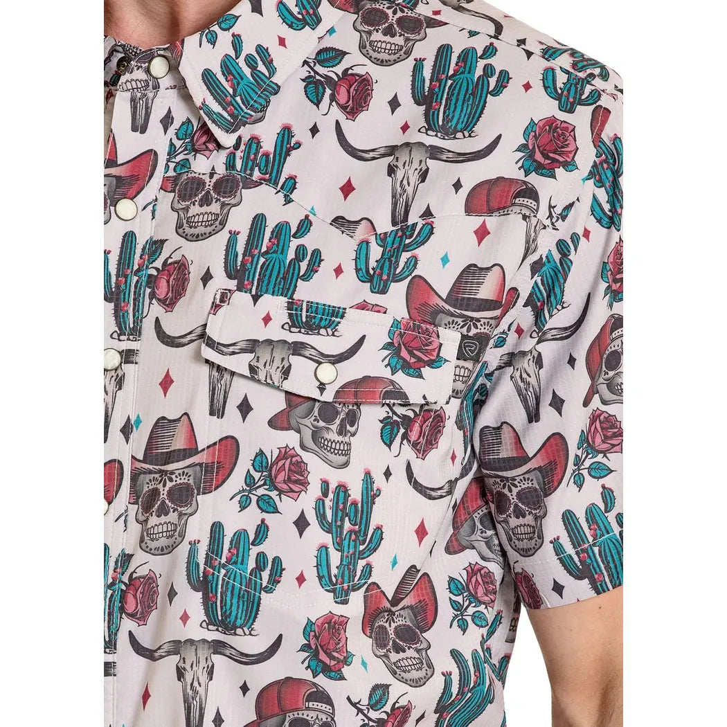 Rock & Roll Men's Novelty Skulls Tek Western Dia Los Muertos Short Sleeve Snap Shirt - White