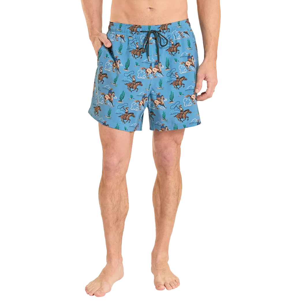 Rock & Roll Men's Desert Cowboy Novelty w/Lining Swim Volley Trunks - Blue