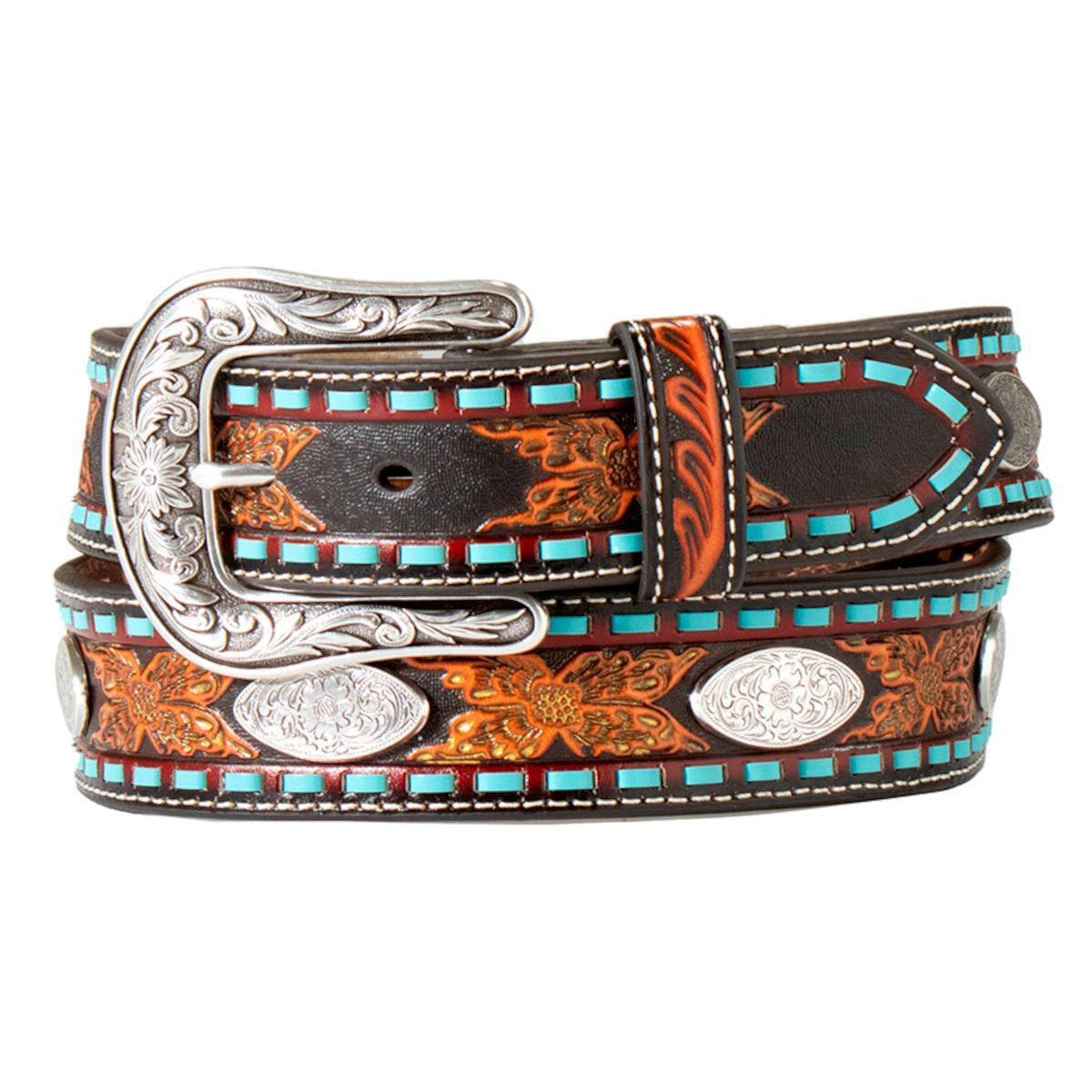 Nocona Women's Floral Embossed & Oval Concho Belt - Black & Red