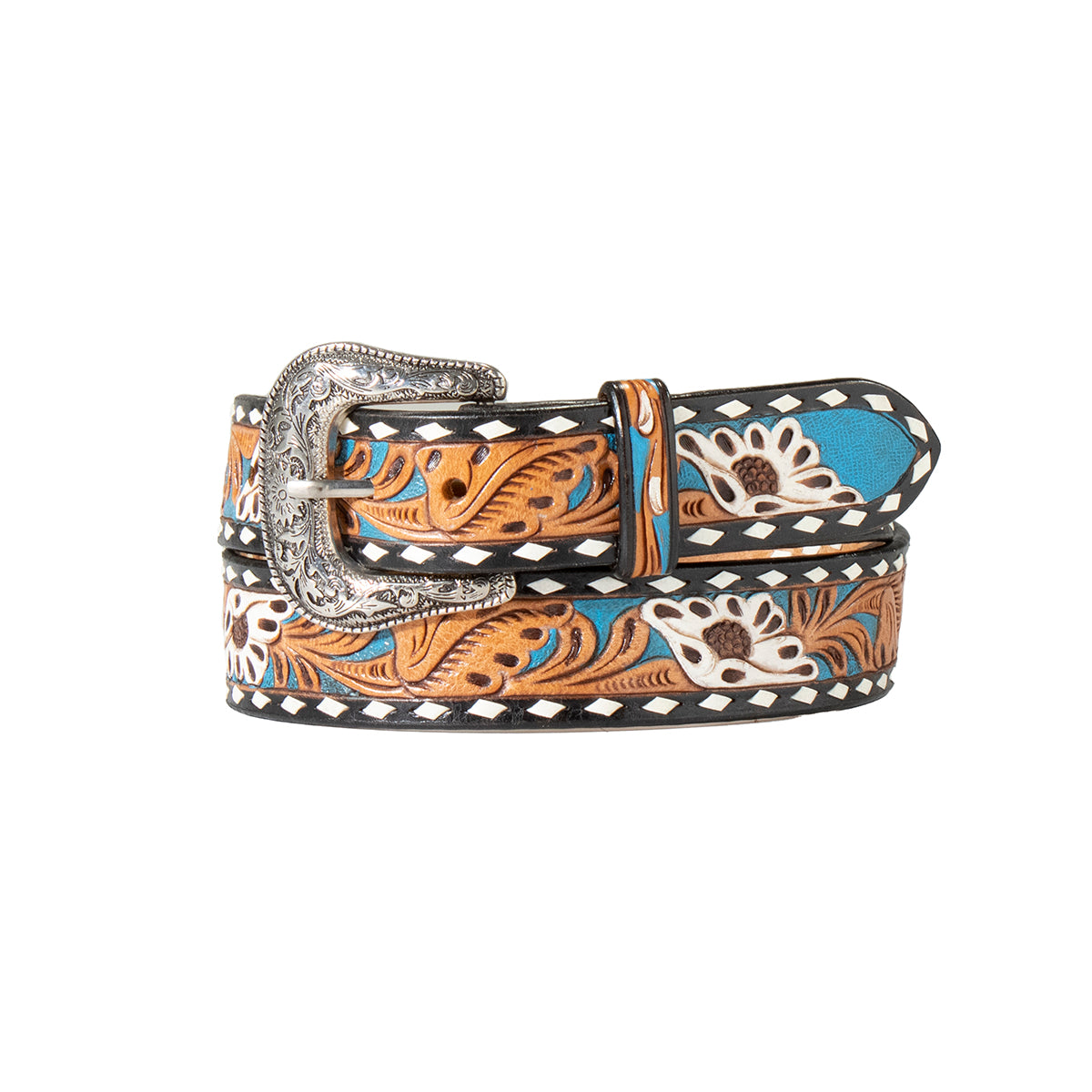 Nocona Women's Hand Tooled Painted Floral Inlay Belt - Blue/Black