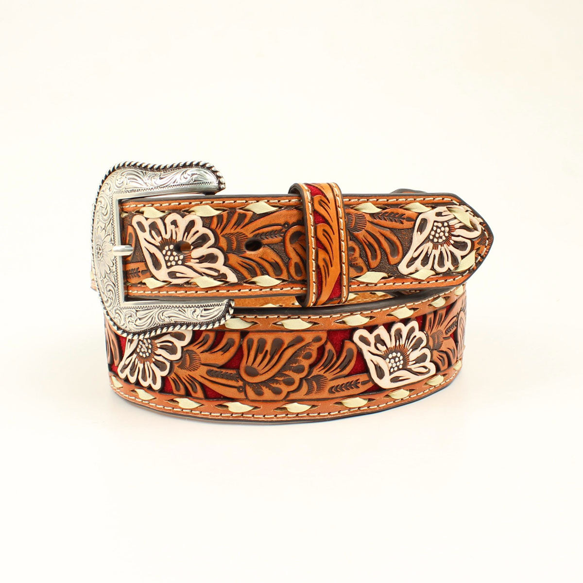 M&F Nocona Men's Floral Embossed Belt- Red