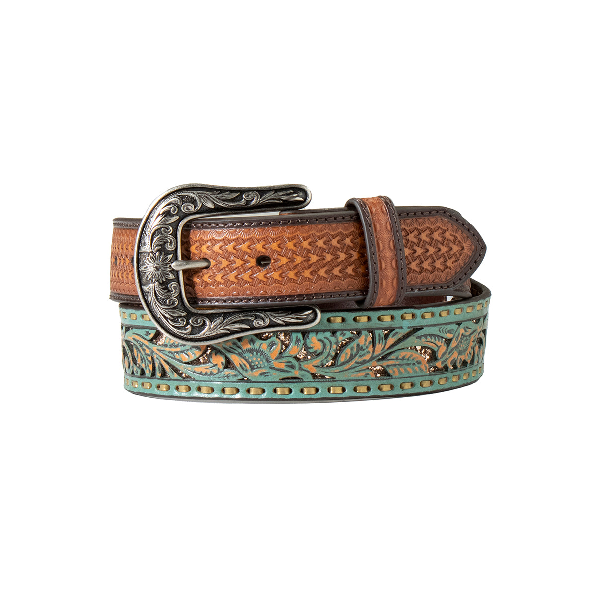 Nocona Women's Floral Filigree Glitter Inlay Belt - Turquoise w/Copper