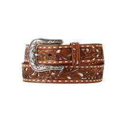 Nocona Ladies Floral Filigree Glitter Underlay Belt- Tan