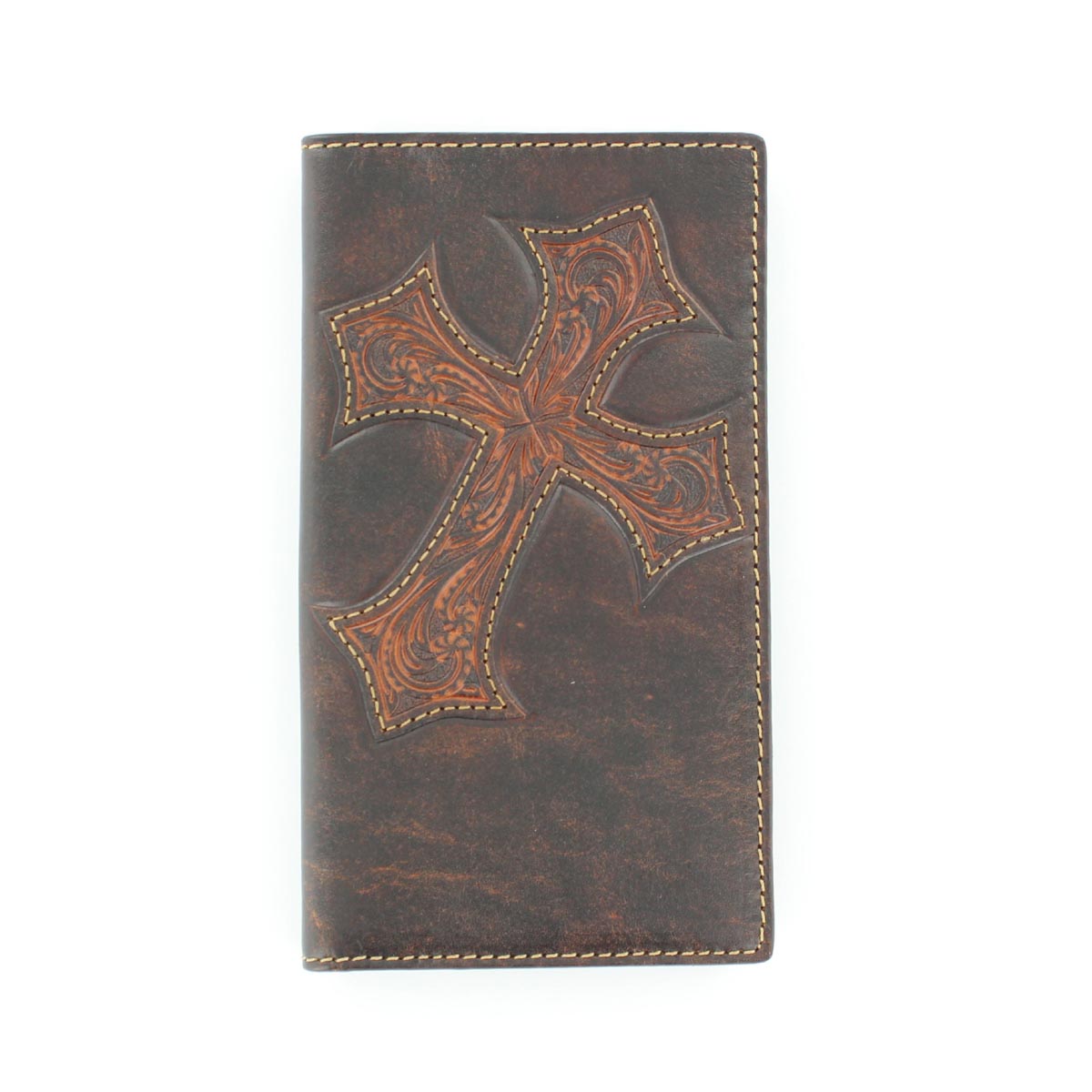Nocona Leather Floral Cross Rodeo Wallet - Chocolate Brown