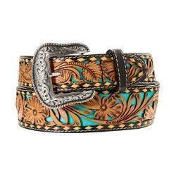 Nocona Men's Floral Filigree with Turquoise Underlay Belt - Turquoise
