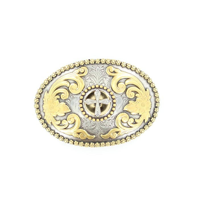 Nocona Men's Oval Floral Embossed Buckle - Cross Concho