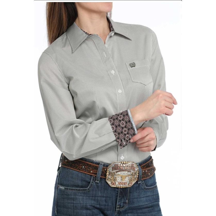 Cinch  Women's Stripe Button Down Long Sleeve Print Shirt - Olive