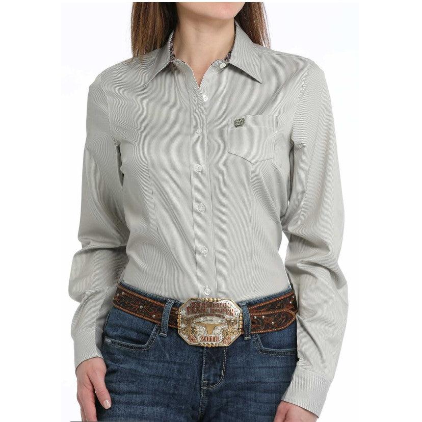 Cinch  Women's Stripe Button Down Long Sleeve Print Shirt - Olive