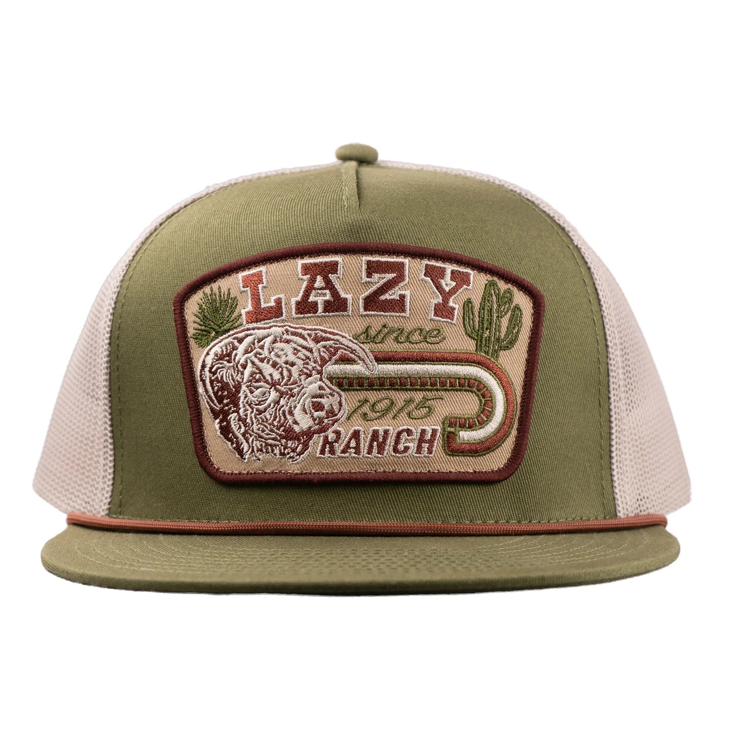 Lazy J Ranch Brewster Classic Rope Trucker Flat Brim Cap - Olive/White