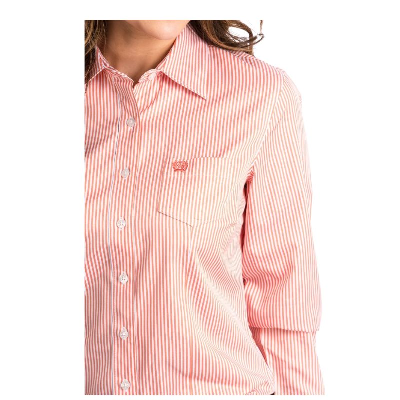 Cinch Women's Long Sleeve Button-Up Shirt - Coral & White Stripe