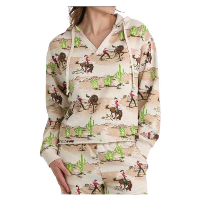 Cruel Women's Long Sleeve Cowboy Print Hoodie-Cream