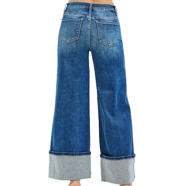 Risen Women's High Rise Wide Leg Cuffed w/ Double Front Pocket Detail Jeans - Dark