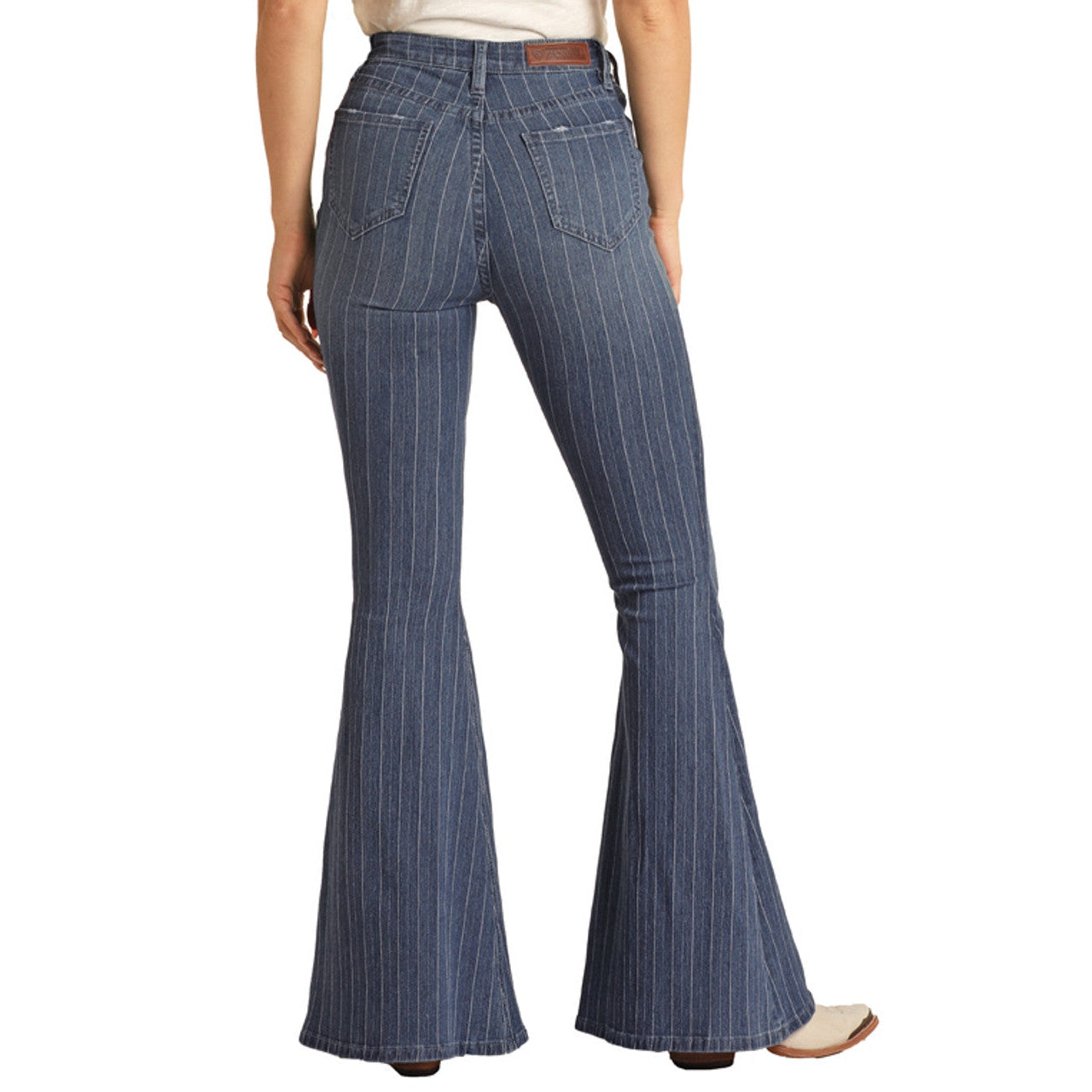Rock & Roll Women's High Rise Extra Stretch Striped Bell Bottom Jeans - Medium Wash