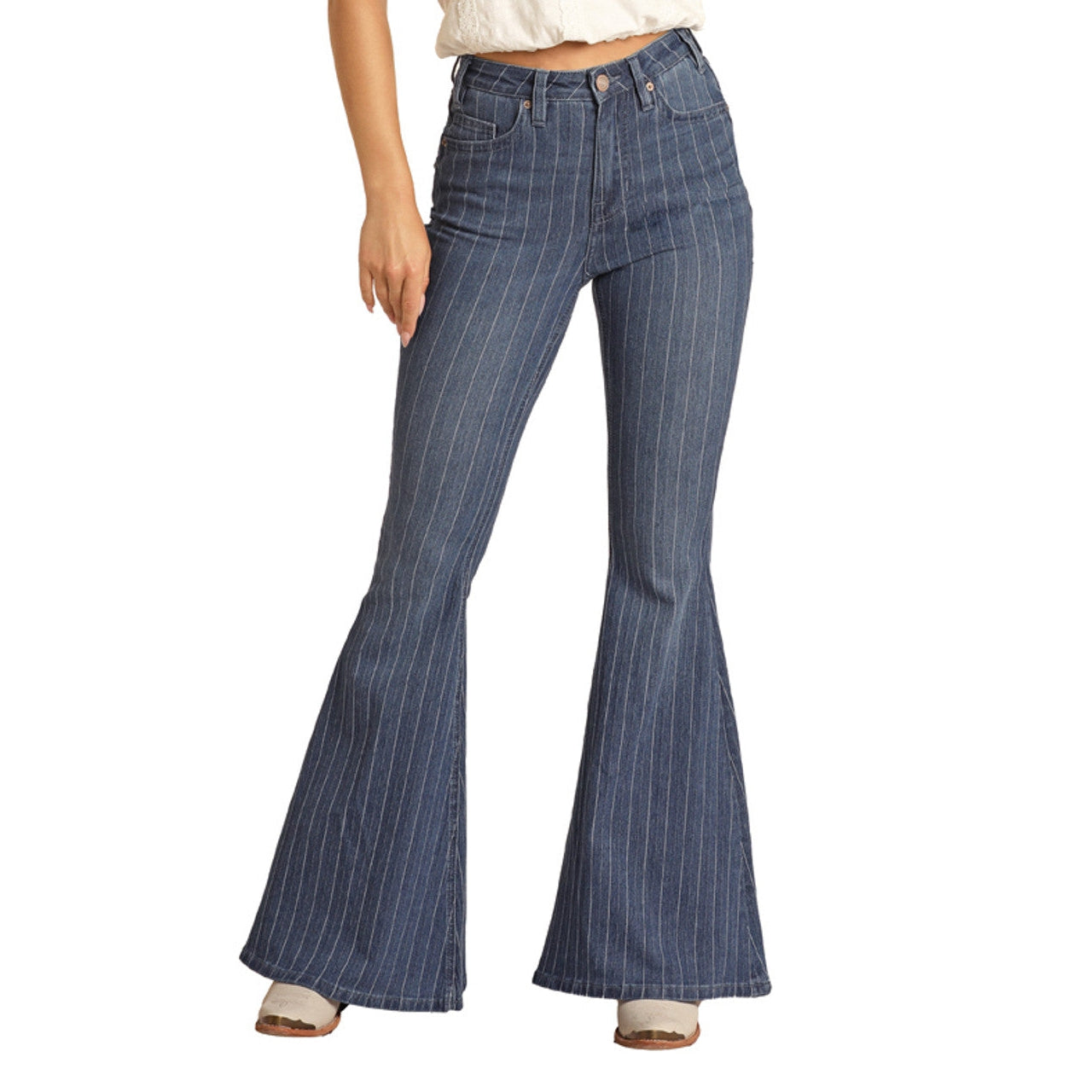 Rock Roll Women's High Rise Extra Stretch Striped Bell Bottom Jeans Medium Wash