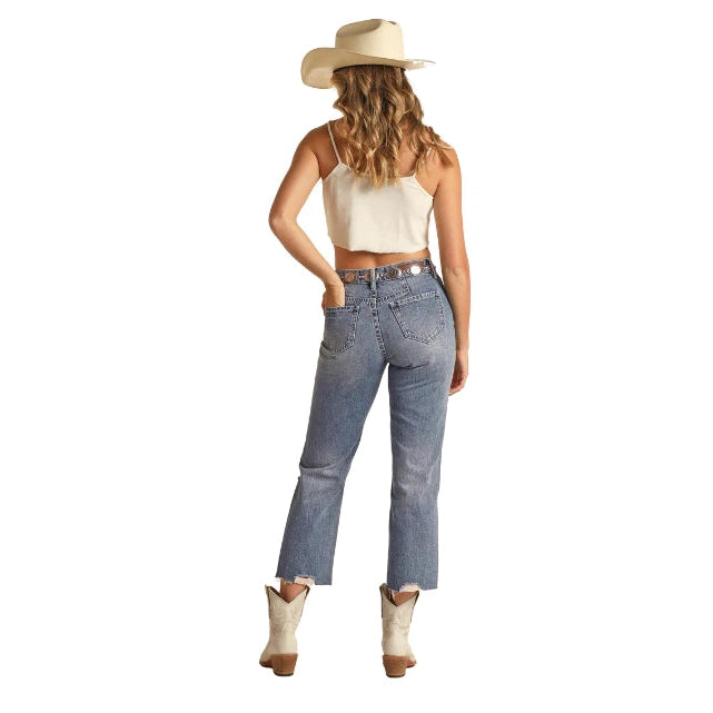 Rock & Roll Women's Patch Embroidered Straight Cropped Jeans - Medium Vintage