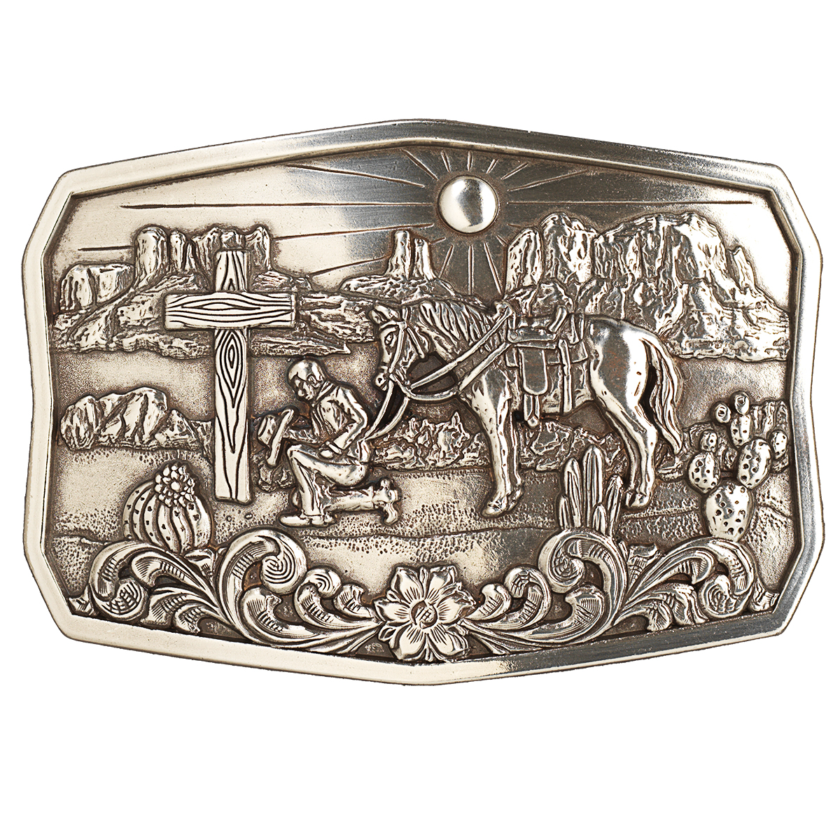 Nocona Rectangle Buckle - Cowboy Cactus Antique Silver