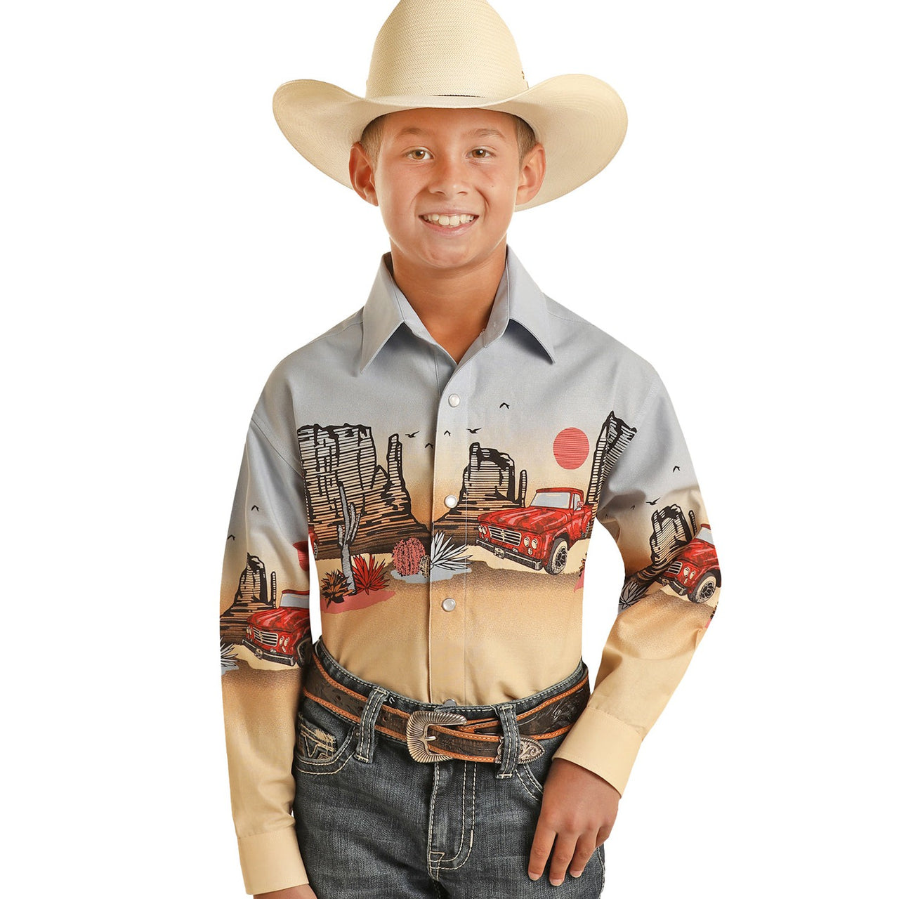 Panhandle Boy's Long Sleeve Truck Border Snap Shirt - Tan