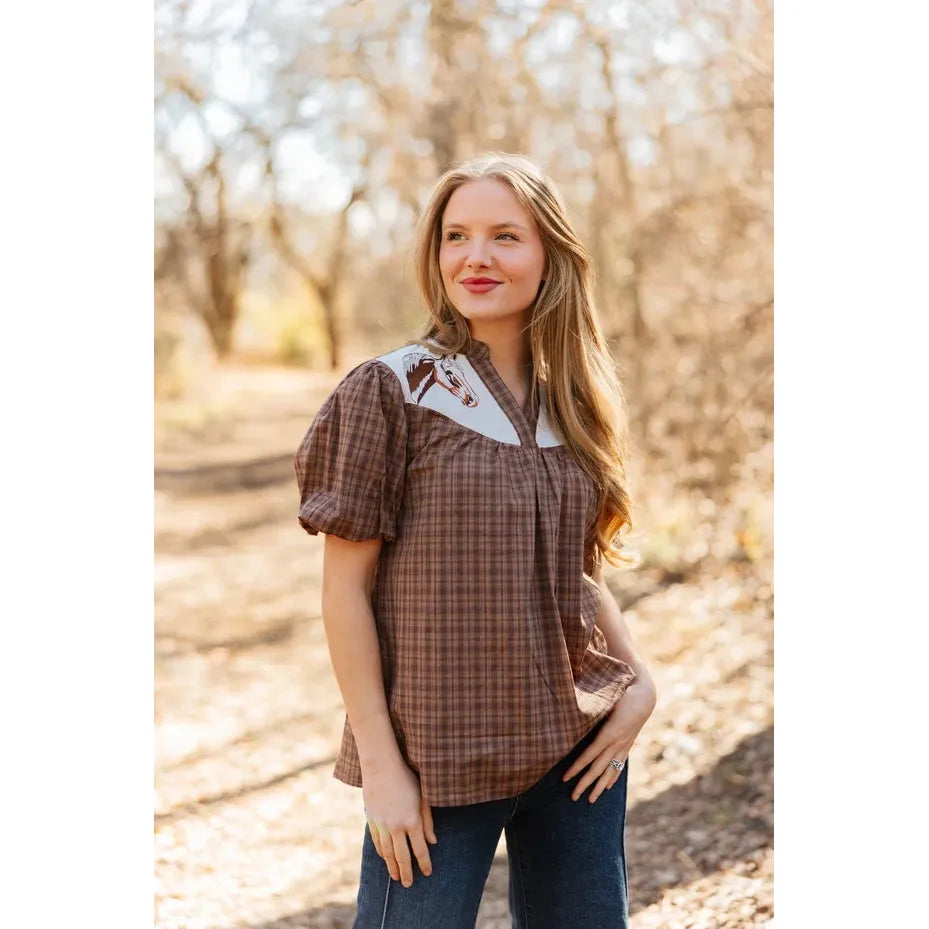 Southern Grace Apparel Women's Collared Shirt with Horse Embroidered Yoke