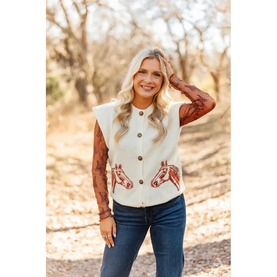 Southern Grace Apparel Women's Horses on Ivory Sweater Vest